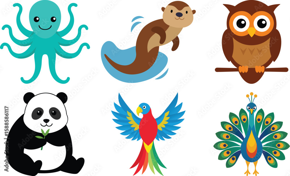 Naklejka premium Cute Cartoon Animals Illustration Set on Transparent Background set cute cartoon animal