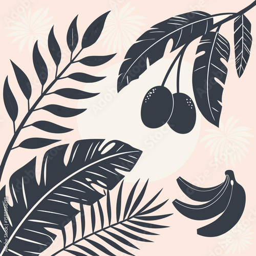 Tropical fruits and leaves illustration