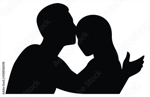 A tender moment captured in a black silhouette of a man kissing a woman on the forehead, showing affection and care, isolated on a white background