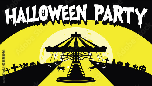 A halloween party scene with a carousel, tombstones, pumpkins, a moon, and spider ride silhouettes