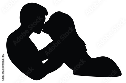A romantic couple sharing an intimate kiss in a serene pose captured in a bold black silhouette against a clean white background evoking love and connection.
