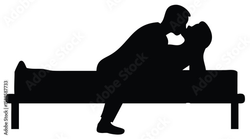 A romantic moment captured in a black and white silhouette of a couple embracing and kissing passionately on a bed, conveying intimacy and love