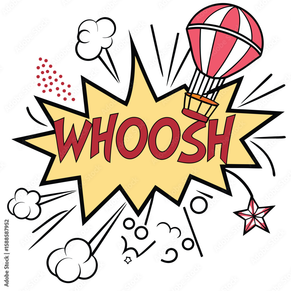 Fototapeta premium Vintage comic style hot air balloon illustration with burst and word effect