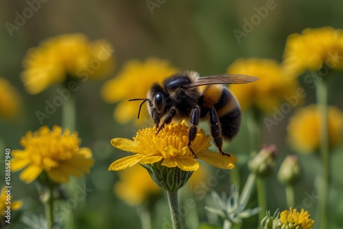 A bumblebee sits on a flower in a field of yellow flowers