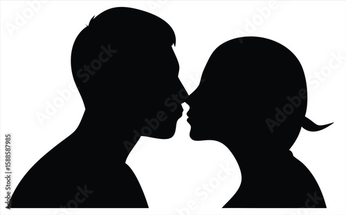 A romantic couple sharing an intimate moment with their noses touching in a classic black and white silhouette conveying deep connection and affection