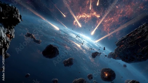 Meteor Shower Bombarding Planet Fiery Space Rocks Falling Earth Destruction 4k video footage, loop, animation