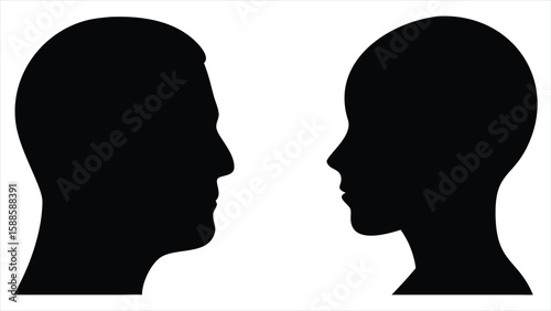 Two human head profiles facing each other in a stark black and white silhouette representing connection communication or contrast between two individuals