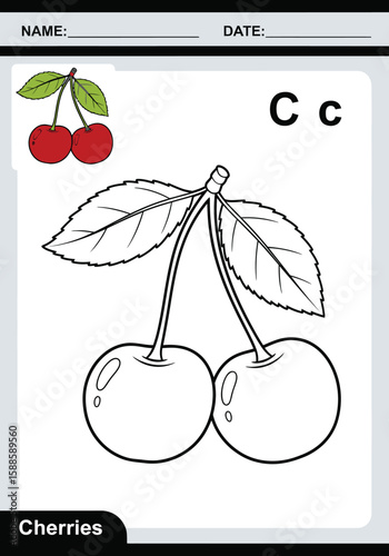 Letter c coloring page cherries fruit printable for kids