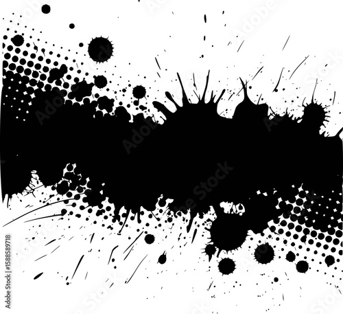 Abstract black paint splatter with halftone overlay on white background