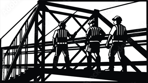 Three construction workers in hard hats stand on a bridge girder overlooking a city skyline rendered in a bold black and white silhouette style, symbolizing progress and urban development