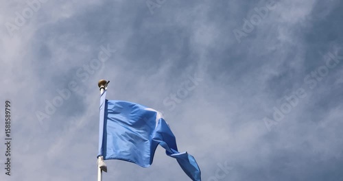 The Somali flag is captured in close-up. The Somali flag fluttering against the blue sky is the national symbol of Somalia. Great for news. The video is presented in 4K format.