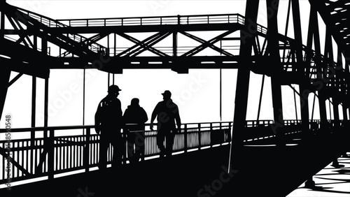Three people walking across a large metal bridge with a distinctive black and white silhouette style highlighting the architectural structure and human presence