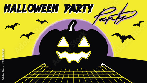 Retro halloween party poster with pumpkin, bats, and grid floor on a yellow and purple background