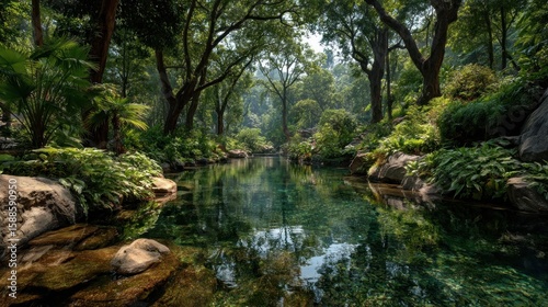 Serene tropical stream flowing through lush, verdant rainforest canopy