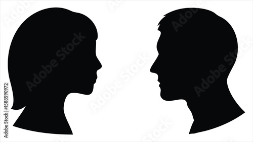 Two people in profile facing each other a man and a woman depicted in a clean black and white silhouette style symbolizing connection and conversation
