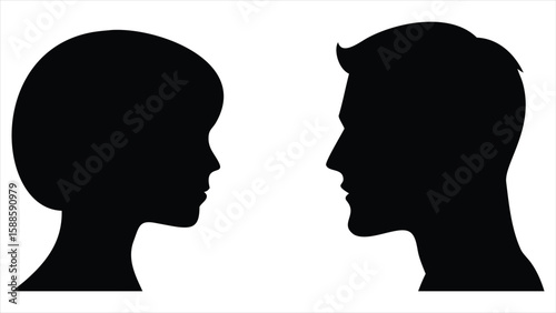 Two human heads facing each other in a stark black and white silhouette representing connection communication and relationships silhouette