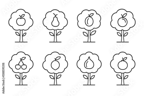 Fruit, trees outline icon set. fresh harvest, orchard icons line collection
