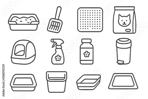 Pet care outline icon set. cat litter, food bag, cleaning tools in outline collection