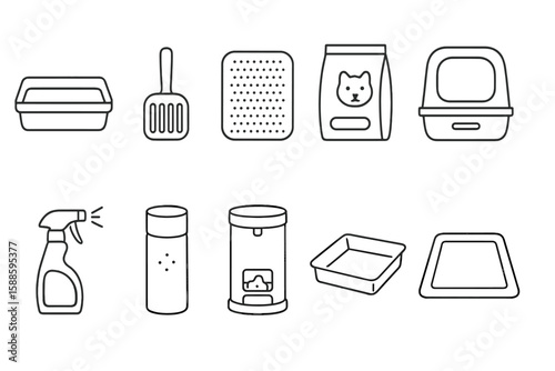 Cat care outline icon set. litter, cleaning supplies, pet essentials in outline style.