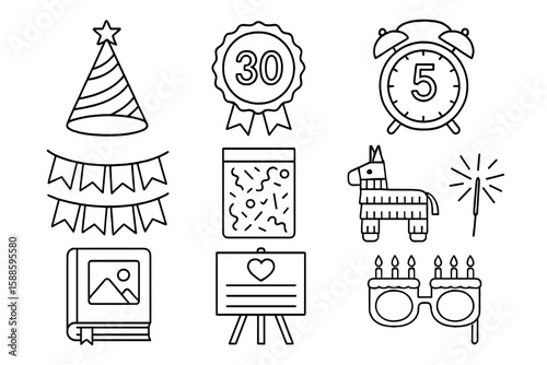 Party celebration icon set. festive, party-themed icons in line style collection