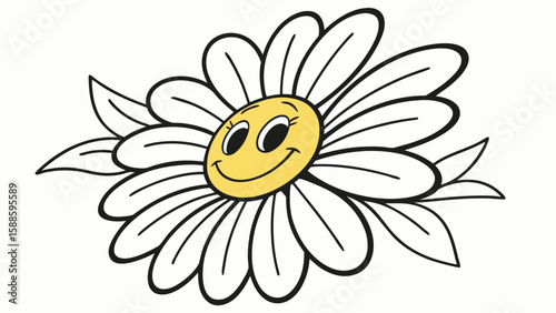 A Cheerful Daisy Flower with a Happy Face and Green Leaves Illustration