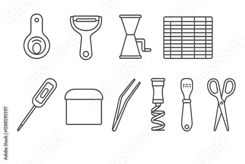 Kitchen tools outline icon set. cooking, utensils, cooking essentials, food preparation icons