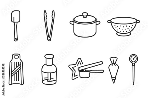 Kitchen tools icon set. essential kitchenware items in outline style collection