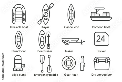 Boat and watercraft line icon set. inflateable boat, kayak, pontoon, canoe outline icons