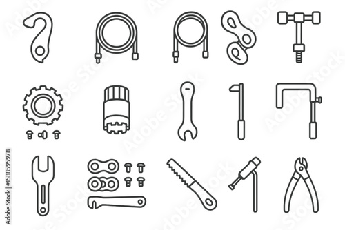 Tools and hardware line icon set: durable, industrial equipment illustrations