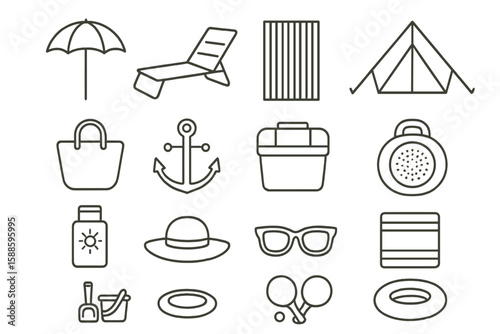 Leisure, outdoor activities line icon set. beach, camping, summer fun outline collection
