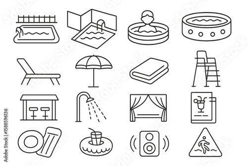 Pool and leisure line icon set. swimming, relaxation, amenities symbols collection