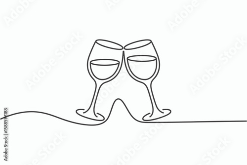 Two wine glasses clinking in a minimalist continuous line drawing isolated on white background