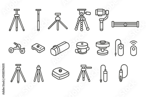 Photography equipment icon set. tripods, gimbals line collection for creatives