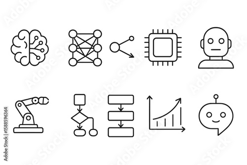 Artificial intelligence line icon set. machine learning, neural network, robot symbols