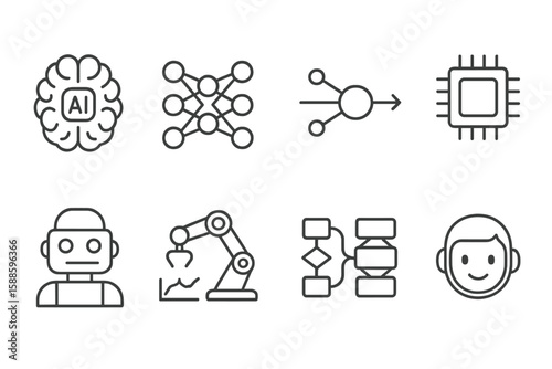 Technology and ai line icon set. robotics, machine learning, network symbols
