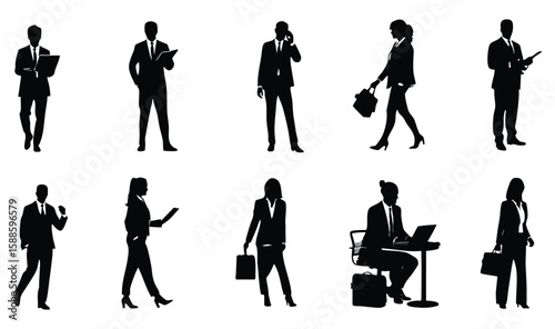 Business women silhouette set featuring standing, walking, presenting, and working poses, perfect for corporate, office, and professional themes, bold black vector shapes on white background, ideal fo