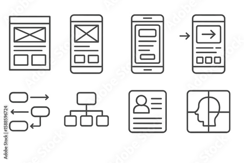 Ux ui outline icon set. wireframe, mockup, flowchart outlined icons collection
