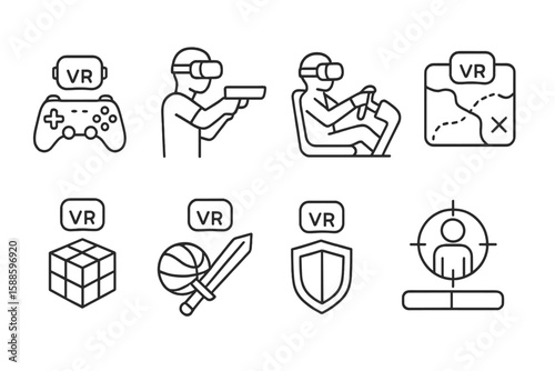Vr gaming linear icon set. immersive virtual reality symbols in line style