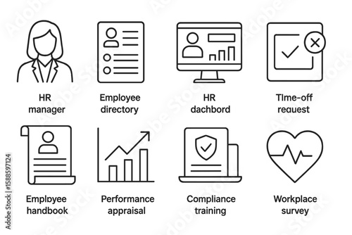 Hr management line icon set. employee, compliance, performance, workplace icons collection