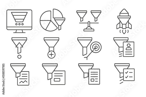 Sales funnel and analytics icon set. outline style for marketing and conversion