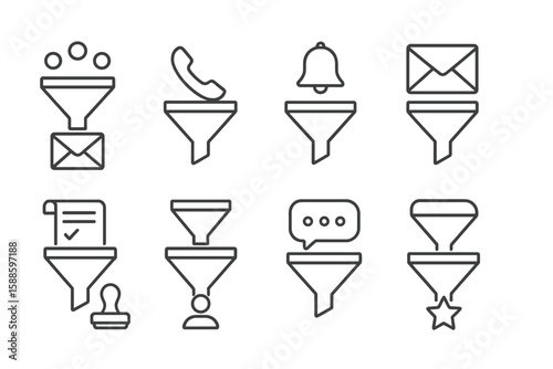 Data processing and analysis line icon set. funnel, phone, bell, envelope symbols outline.
