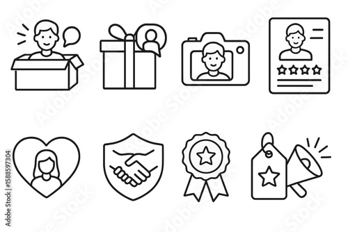 Marketing and communication line icon set. networking, branding illustration pack