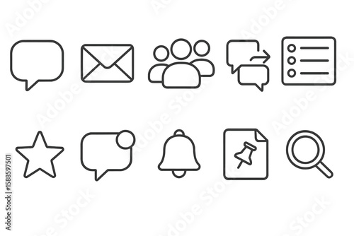 Communication line icon set. messaging, notification, networking, search icons collection