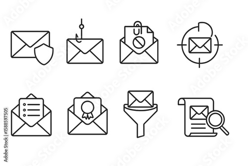 Email security line icon set. protect your inbox with communication symbols