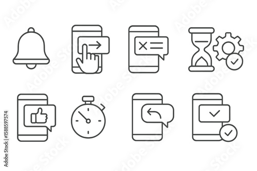 Mobile app line icon set. notification, timer, chat, gear outline collection