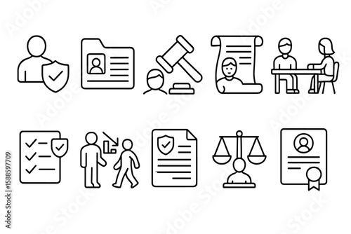 Legal and business outline icon set. court, contract, law icons line collection