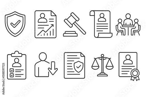 Legal and office line icon set. contracts, documents, law symbols outline collection