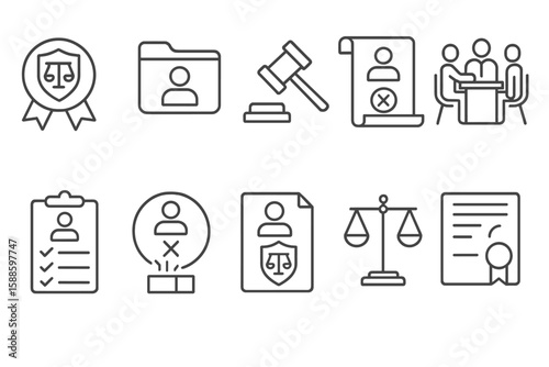 Law and legal line icon set. justice, court elements in linear style