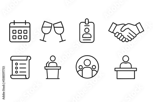 Business meeting outline icon set. office, conference, presentation graphics collection