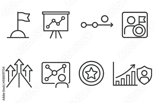 Business presentation linear icon set. graphs, data, strategy, analytics, report collection